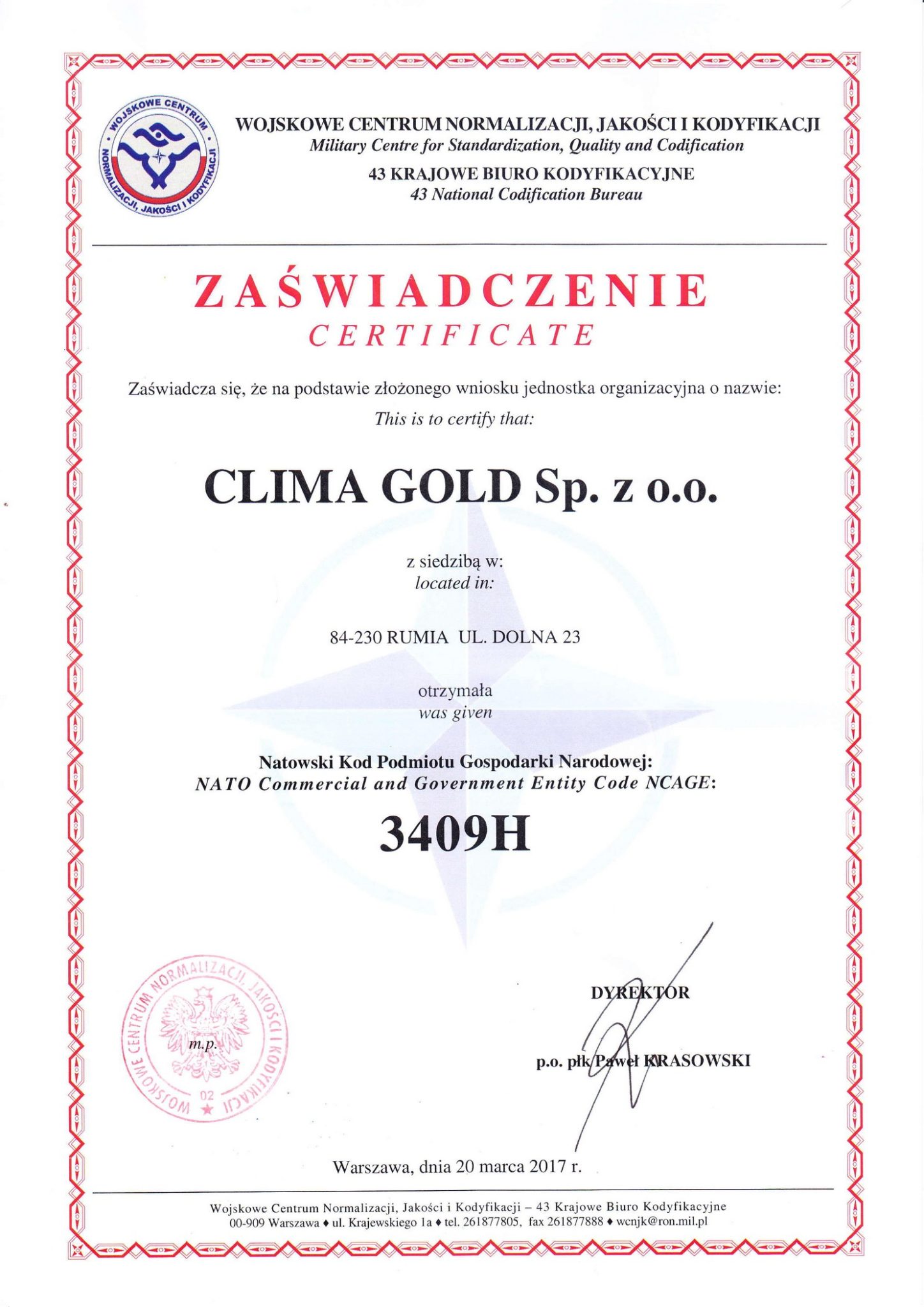Clima Gold с Сертификатом Коммерческого и Государственного органа НАТО (NCAGE)