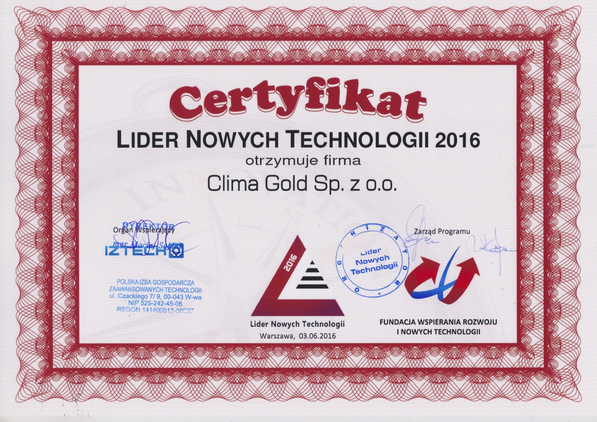Lider Nowych Technologii 2016 – nagroda dla Clima Gold!